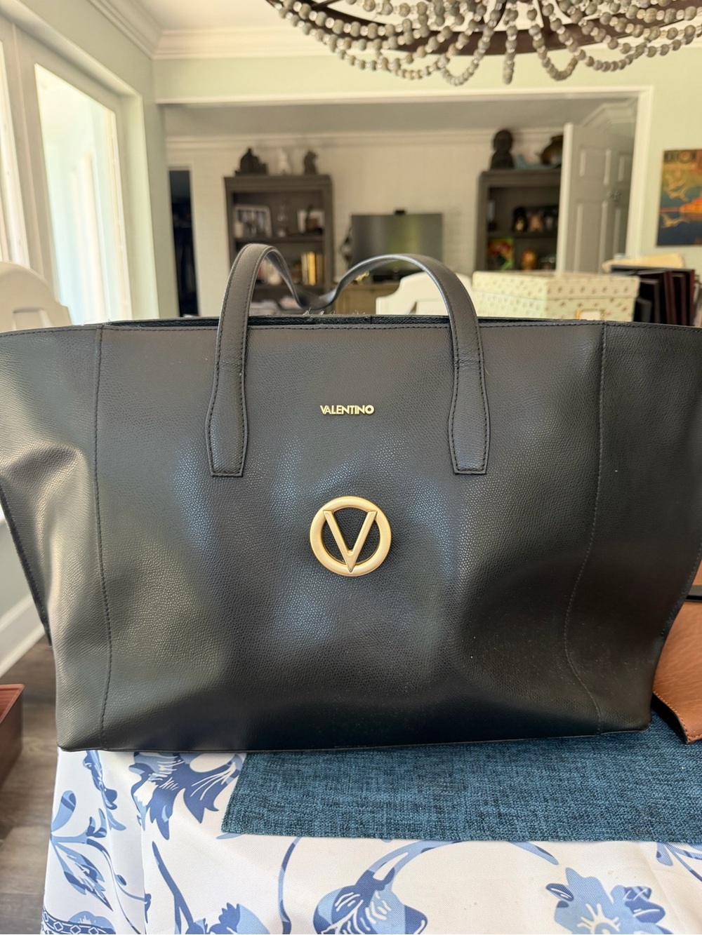 Valentino Black Leather Tote with Gold V Medallion